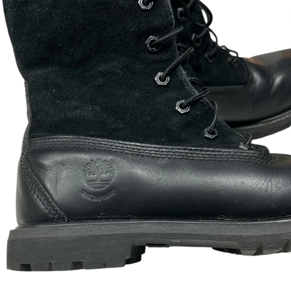 Timberland Black Leather Teddy Fleece Waterproof Fold Down Boots Lace Up Sz 9 - Picture 10 of 16